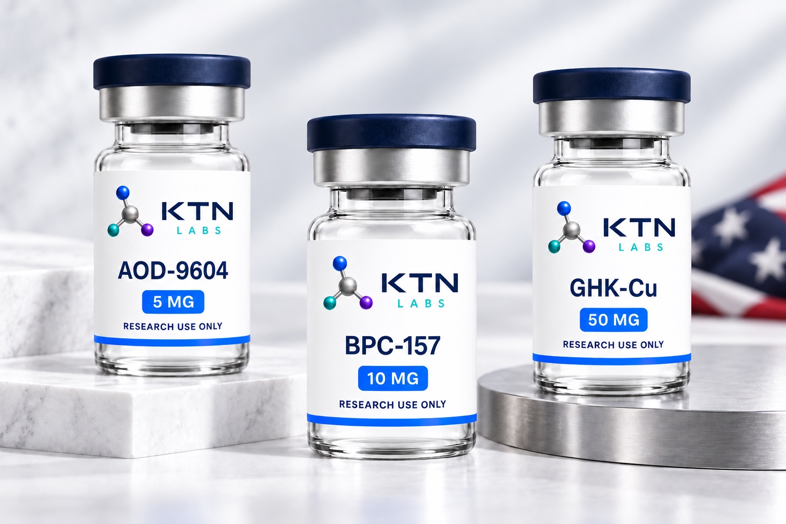 KTN Labs research vials with a folded United States flag