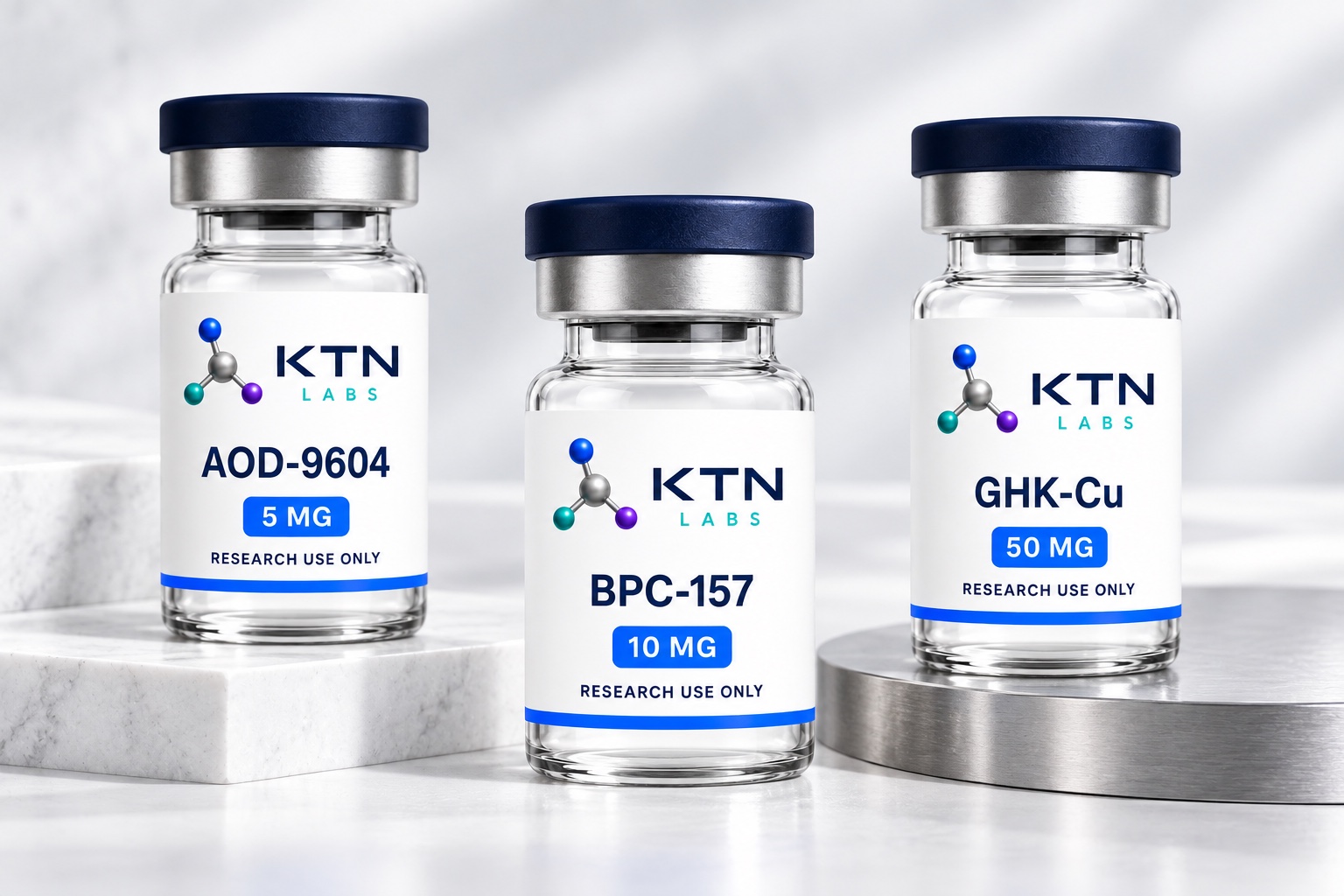 Three KTN Labs research vials with the white master label
